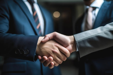 shot of two businessman celebrating with a handshake, created with generative aiの素材