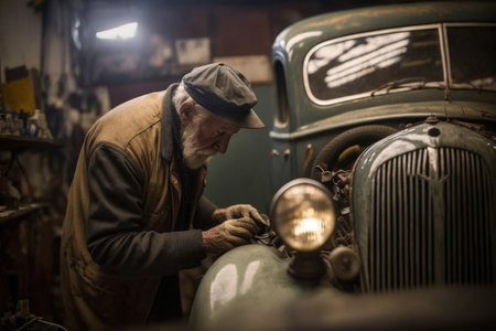 shot of an unrecognizable man working on a vintage car, created with generative aiの素材