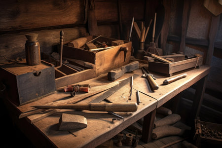 shot of tools including a saw, chisel and wooden boards, created with generative aiの素材
