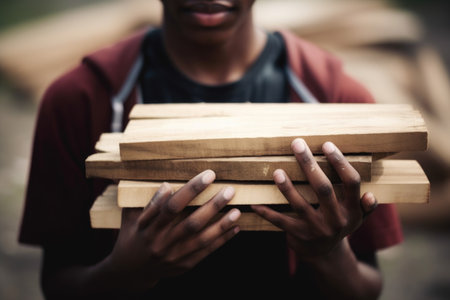 cropped shot of a young man holding planks of wood, created with generative aiの素材