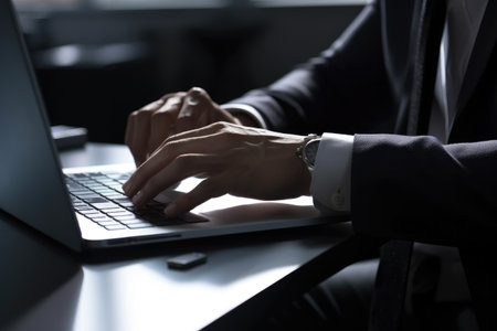 closeup shot of an unrecognisable business owner working on a laptop in their office, created with generative aiの素材