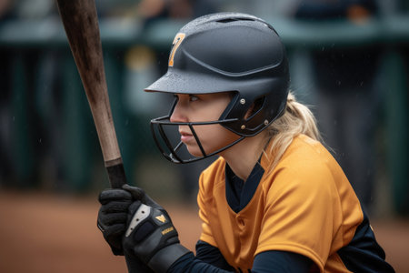 female baseball player getting ready to swing on the field during a match, created with generative aiの素材