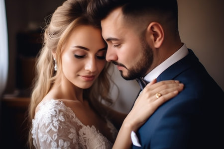 love, couple and marriage with a bride and groom hugging on their wedding day together, created with generative aiの素材