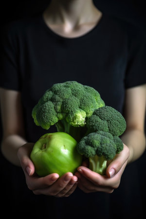 woman, broccoli and nutrition in hand for body health diet or nutritional food routine, created with generative aiの素材