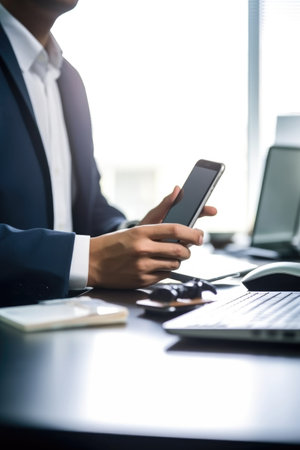 shot of an unrecognizable businessman using a cellphone and laptop at his desk in the office, created with generative aiの素材