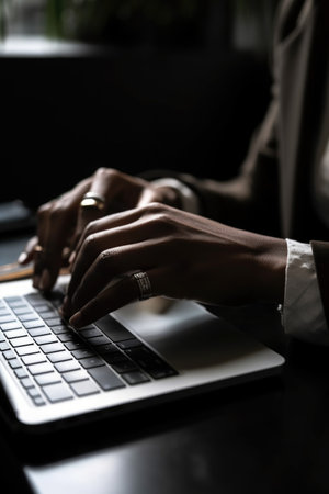 closeup shot of a person using a laptop in an office, created with generative aiの素材