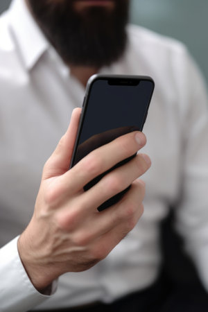 closeup shot of an unrecognisable man using a cellphone with a blank screen in an office, created with generative aiの素材