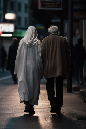 shot of two unrecognisable people walking together, created with generative aiの素材