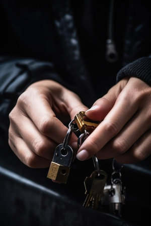 cropped shot of a unrecognizable woman using her hands to unlock a padlock, created with generative aiの素材