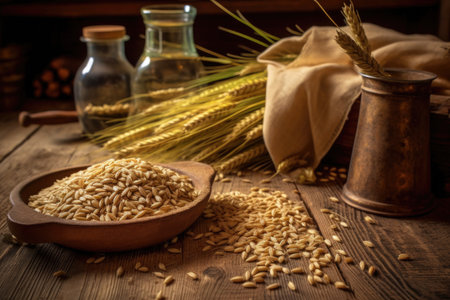 barley grains scattered on rustic wooden table, created with generative aiの素材