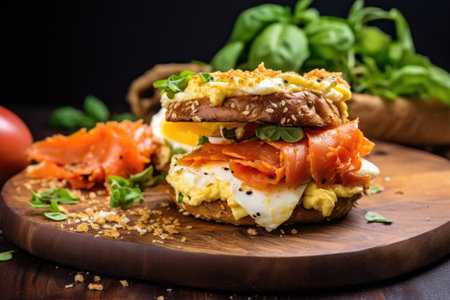 bagels with cream cheese and smoked salmon, created with generative aiの素材