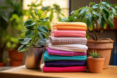 stacked colorful towels next to a potted plant, created with generative aiの素材