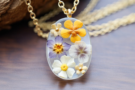close-up of pressed flowers in a resin pendant, created with generative aiの素材