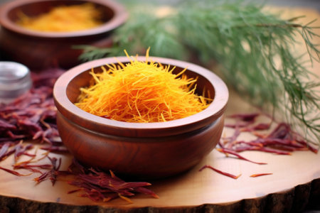 close-up of freshly picked saffron stigmas in a wooden bowl, created with generative aiの素材