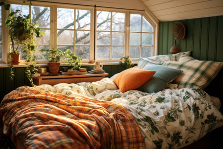 a neatly made bed with patterned duvet cover, created with generative aiの素材