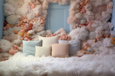 fluffy pillows perfectly arranged on a bed, created with generative aiの素材