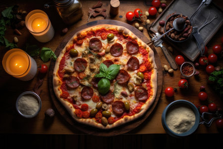 overhead view of a well-lit homemade pizza, created with generative aiの素材