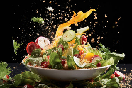 salad ingredients falling into a bowl in motion, created with generative aiの素材