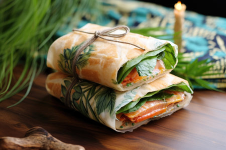 sandwich wrapped in eco-friendly reusable wrap, created with generative aiの素材