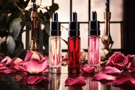 skincare bottles with dropper and rose petals, created with generative aiの素材