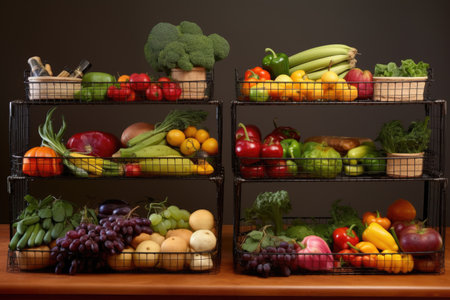 pull-out wire baskets filled with fruits and vegetables, created with generative aiの素材