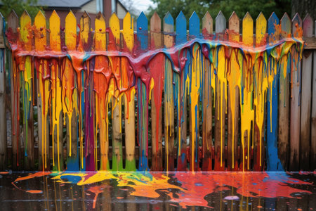 vibrant paint dripping down a fences wooden boards, created with generative aiの素材