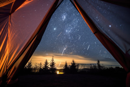 meteor shower seen through an open tent flap, created with generative aiの素材