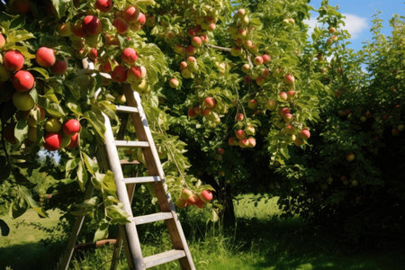 a ladder leaning against an apple tree for picking, created with generative aiの素材