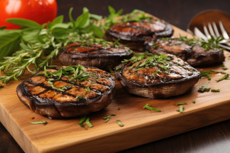 grilled portobello mushrooms on a board, created with generative aiの素材
