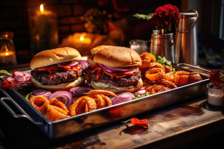 freshly grilled burgers on a tray, created with generative aiの素材