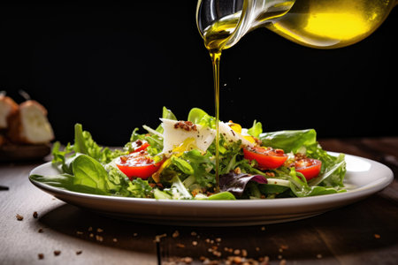 olive oil drizzling onto a fresh salad, created with generative aiの素材