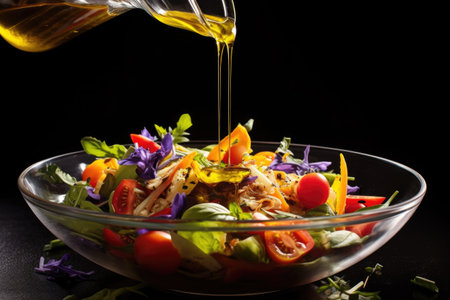 pouring olive oil over a colorful salad in a bowl, created with generative aiの素材
