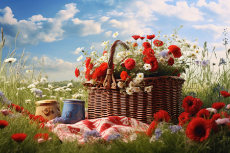 picnic basket on a grassy field, surrounded by flowers, created with generative aiの素材
