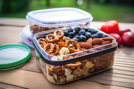 healthy trail mix snack in a reusable container, created with generative aiの素材
