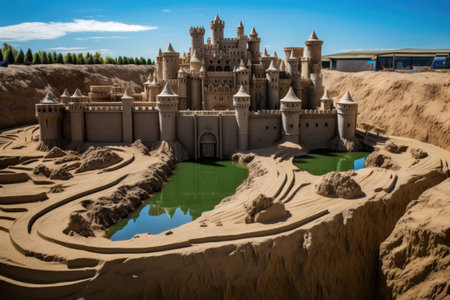 sandcastle surrounded by a detailed moat system, created with generative aiの素材
