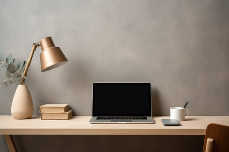 modern minimalist desk setup with laptop, lamp, and stationery, created with generative aiの素材