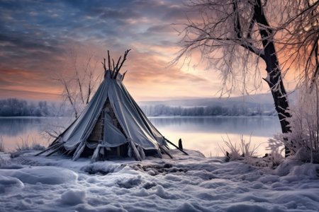 tent in a snowy landscape, near a frozen lake, created with generative aiの素材