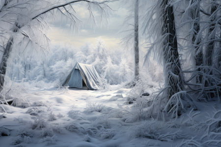 tent surrounded by snow and frosty trees in a winter landscape, created with generative aiの素材