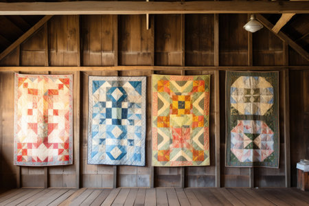 vintage quilts hanging on a rustic barn wall, created with generative aiの素材