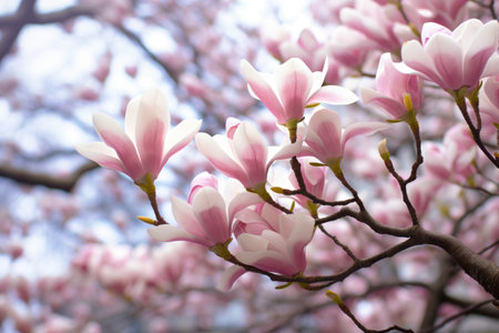 soft focus on blooming magnolia tree flowers, created with generative aiの素材