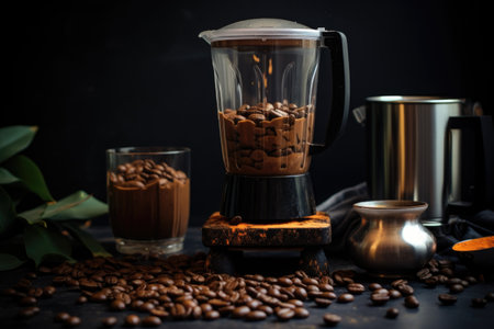 blender with coffee beans and ice for a delicious iced coffee, created with generative aiの素材