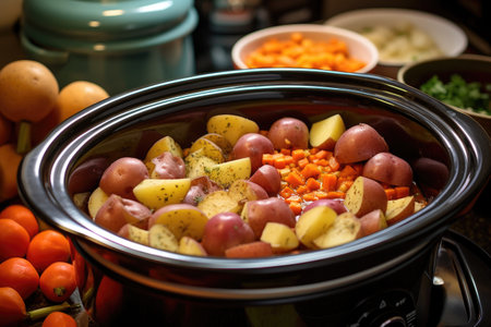 slow cooker cooking a vegetarian meal, variety of veggies, created with generative aiの素材