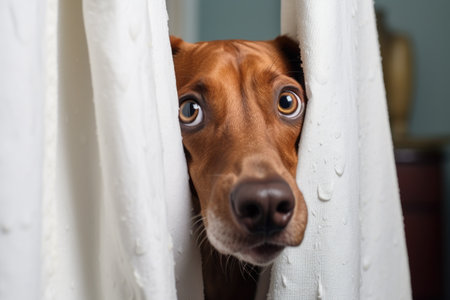 dog peeking out from behind a shower curtain, created with generative aiの素材