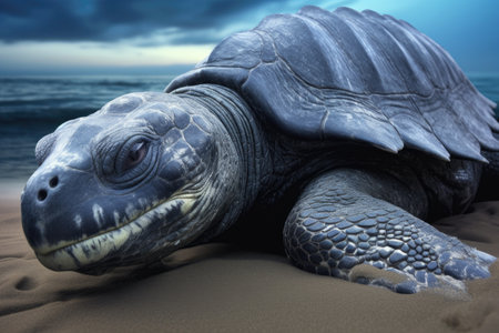 close-up of a leatherback sea turtle laying eggs, created with generative aiの素材