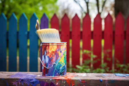 close-up of paintbrush and paint can near fence, created with generative aiの素材