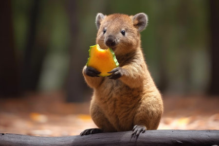 quokka with leaves in paws, happily eating away, created with generative aiの素材