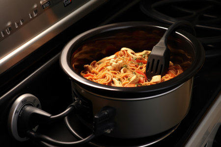 slow cooker cable plugged into an outlet, emphasizing energy efficiency, created with generative aiの素材