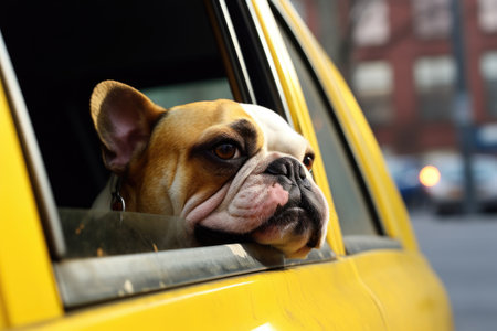 a bulldogs head poking out from the window of a yellow taxi cab, created with generative aiの素材