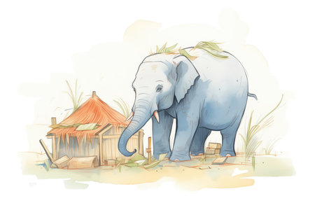 elephant eating hay in a zoo enclosureの素材