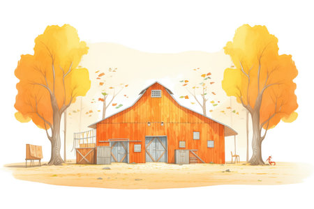 shadows of tall trees falling on an orange barnの素材